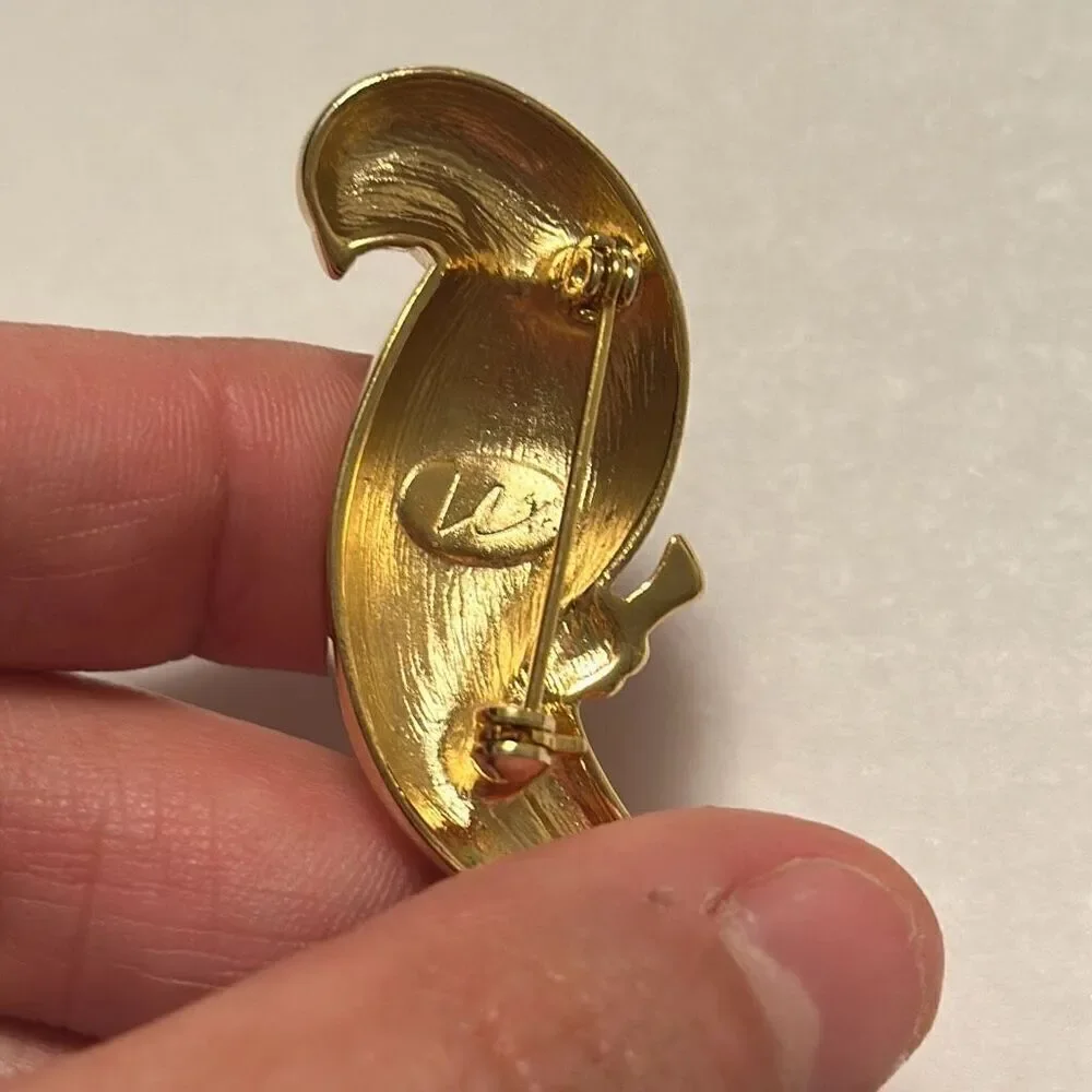 Liz Claiborne Gold Tone Green Enamel Clear Rhinestone Parrot Bird Brooch Vintage